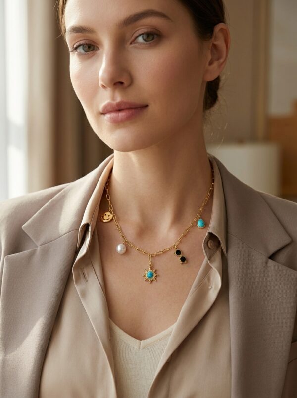 solar-charm-gold-plated-necklace-gal-3 A gold plated necklace with various charms displayed on a black velvet stand