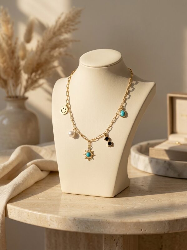A gold plated necklace with various charms displayed on a black velvet stand