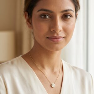 Full shot of the delicate gold chain necklace with a circular paved pendant