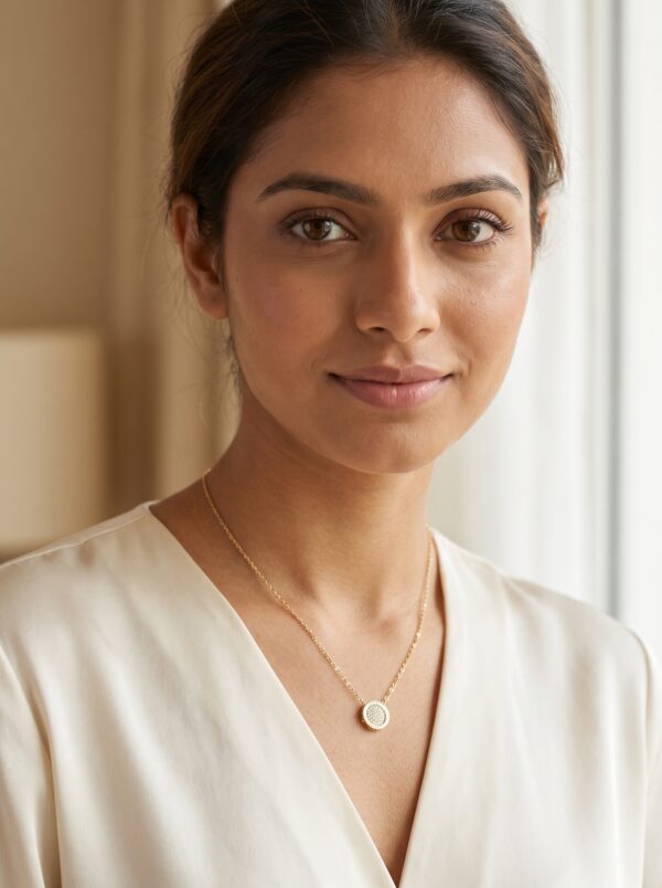solaris golden pendant necklace gal 2 Full shot of the delicate gold chain necklace with a circular paved pendant
