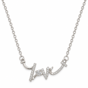 Amore Script Silver Necklace close up shot