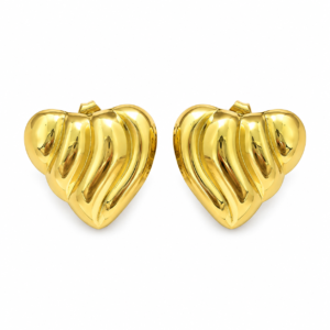 Pair of glossy gold heart earrings isolated on white