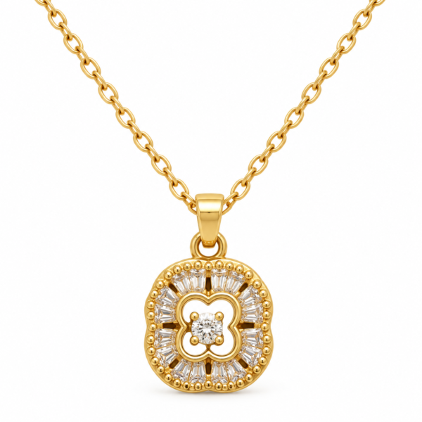 aura clover gold plated necklace feat Close up of gold plated necklace with clover charm and baguette stones