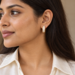 A woman wearing elegant gold-plated crystal hoop earrings