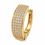 Close-up of a gold-plated hoop earring featuring shimmering crystal details