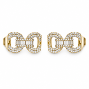 Front view of gold plated earrings with crystal detailing