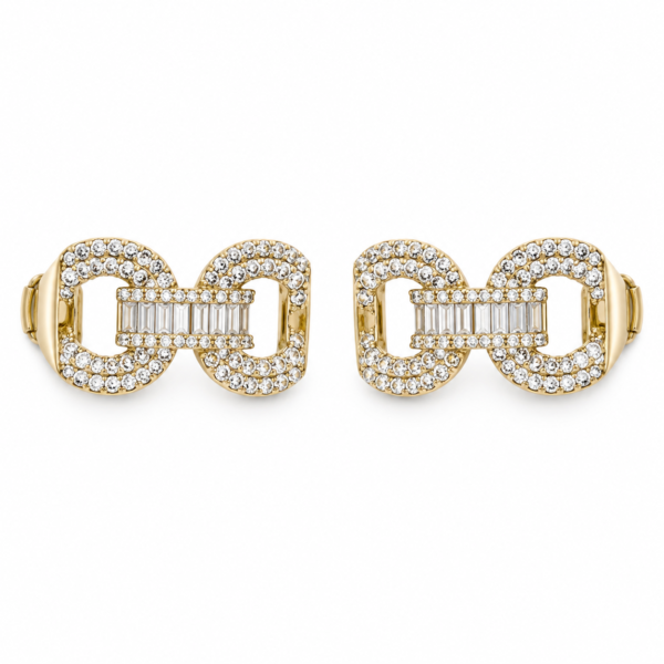 aura crystal studs feat Front view of gold plated earrings with crystal detailing