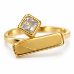 Close-up product photography of a premium gold-plated ring with a geometric design