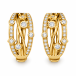 A pair of gold-plated Aura Geometric Hoop Earrings featuring intricate lattice work and sparkling stones