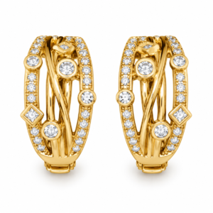 A pair of gold-plated Aura Geometric Hoop Earrings featuring intricate lattice work and sparkling stones
