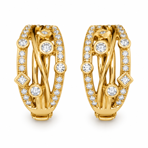 aura geometric hoop earrings feat A pair of gold-plated Aura Geometric Hoop Earrings featuring intricate lattice work and sparkling stones