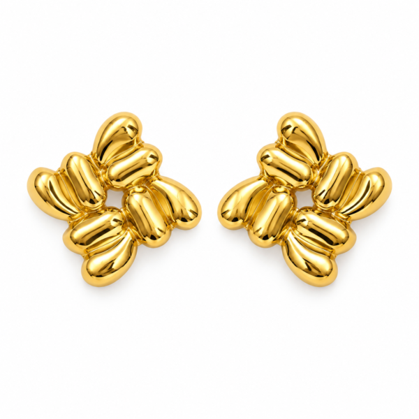 aura gold stud earrings feat Pair of liquid gold Aura Gold Stud Earrings on white background