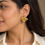 Woman wearing shiny gold sculptural earrings in side profile