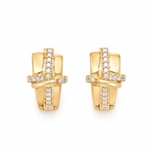 A pair of gold plated studs with interlinked design and white stones