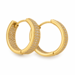 Pair of gold pavé hoop earrings on white background