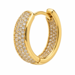 Close up of single gold pavé hoop earring