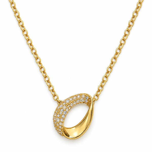 aura pave gold plated necklace feat Close up view of the gold plated necklace with paved crystals