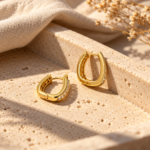Close-up pair of gold Aura Stone Hoop Earrings on white background