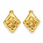 A pair of gold plated stud earrings featuring a geometric woven texture