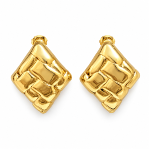 A pair of gold plated stud earrings featuring a geometric woven texture
