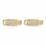 A pair of gold plated huggie hoops on white background