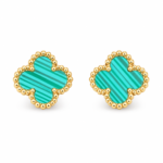 Pair of turquoise clover gold plated earrings on white background