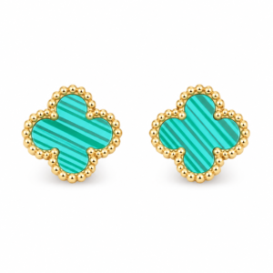 Pair of turquoise clover gold plated earrings on white background