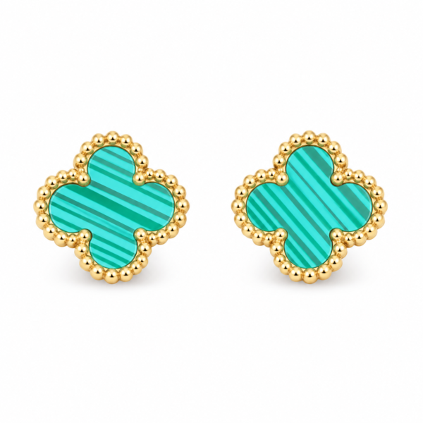 azure clover gold plated earrings feat Pair of turquoise clover gold plated earrings on white background