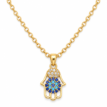 Elegant golden necklace with blue and white stone Hamsa pendant