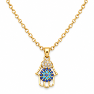 Elegant golden necklace with blue and white stone Hamsa pendant