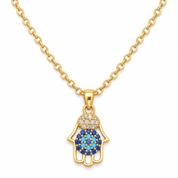 azure hamsa gold plated necklace feat Elegant golden necklace with blue and white stone Hamsa pendant