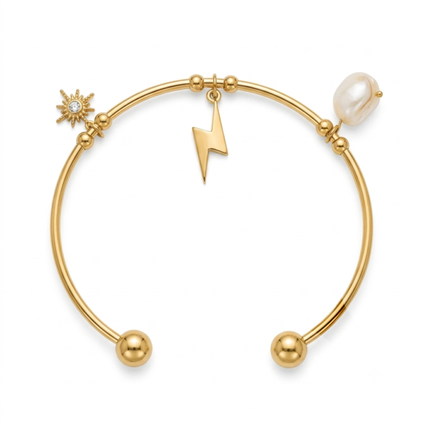 celestial charm gold bracelet feat Celestial Charm Gold Bracelet with sun, bolt and pearl charms
