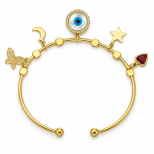 A luxurious gold plated evil eye bracelet with butterfly, moon, star, and heart charms on a white background