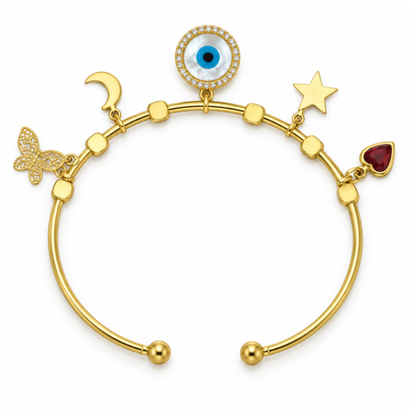 celestial charm gold plated evil eye bracelet feat A luxurious gold plated evil eye bracelet with butterfly, moon, star, and heart charms on a white background