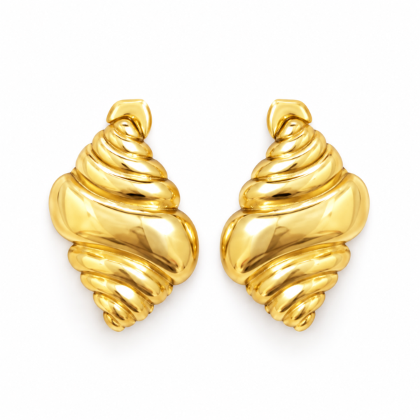 conch shell golden earrings feat Pair of Conch Shell Golden Earrings against a white background