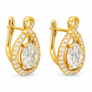 Pair of gold plated earrings with oval centerpiece and halo of crystals