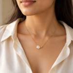 Model wearing Lumina Pearl Gold Plated Necklace