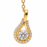 Elegant model wearing a gold teardrop pendant necklace