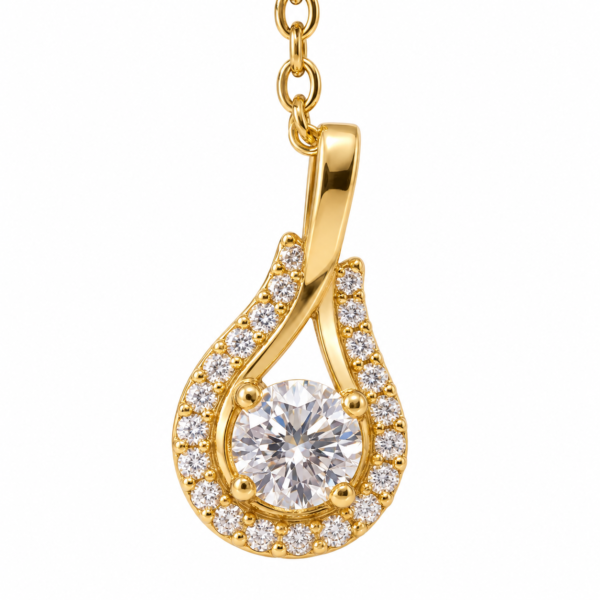 lumina teardrop pendant gold plated heart necklace gal 2 Elegant model wearing a gold teardrop pendant necklace
