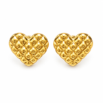 Pair of glossy quilted heart shaped gold stud earrings