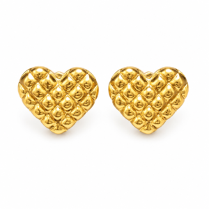 Pair of glossy quilted heart shaped gold stud earrings