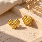 Pair of glossy quilted heart shaped gold stud earrings