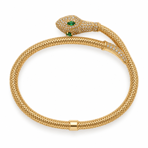 seraphina gold snake bracelet feat Detailed view of the Seraphina Gold Snake Bracelet with emerald eyes