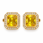 A pair of gold-plated Yellow Stone Studs featuring a radiant rectangular yellow stone surrounded by a crystal halo