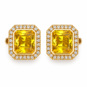A pair of gold-plated Yellow Stone Studs featuring a radiant rectangular yellow stone surrounded by a crystal halo