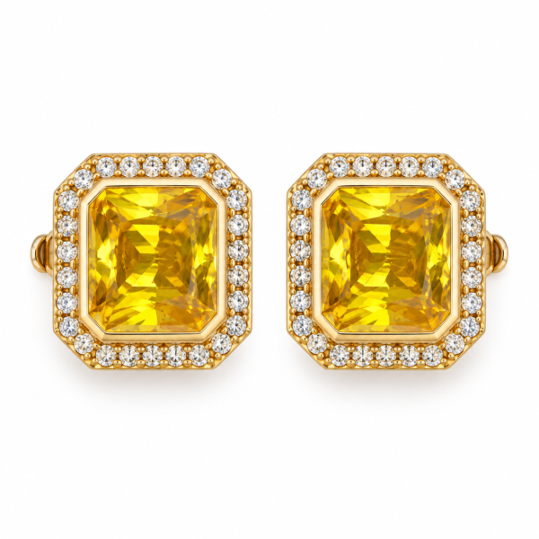 solara yellow stone studs feat A pair of gold-plated Yellow Stone Studs featuring a radiant rectangular yellow stone surrounded by a crystal halo