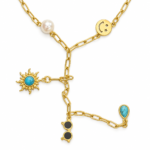 Gold-plated charm Y necklace with turquoise sun charm and pearl