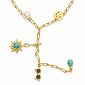 Gold-plated charm Y necklace with turquoise sun charm and pearl