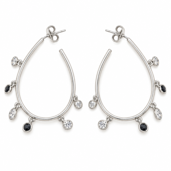 stellar drop crystal hoop earrings feat Elegant pair of silver tone drop-style crystal hoop earrings