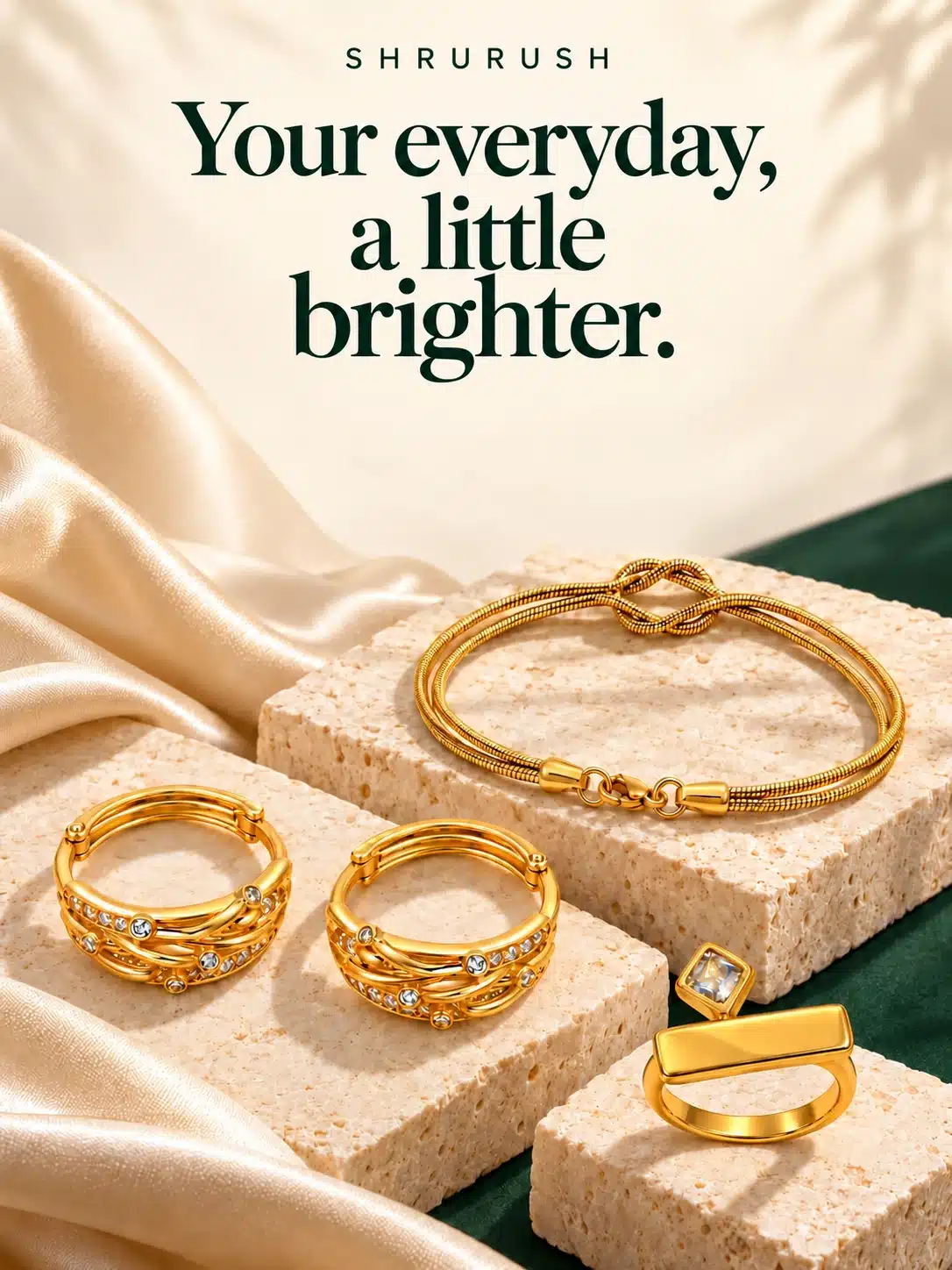 Your everyday, a little brighter. Gold plated Shrurush earrings, bracelet and geometric ring on ivory stone.